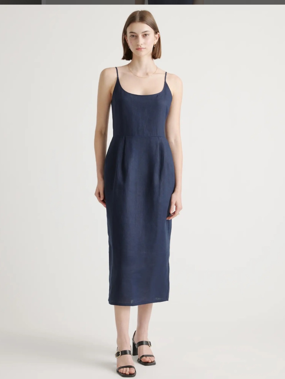Quince 100% European Linen Scoop Neck Midi Dress Navy Large